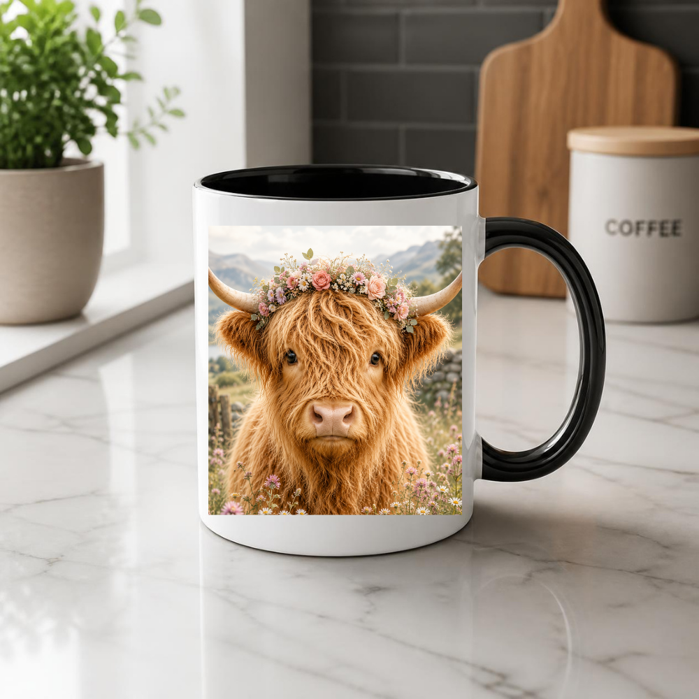Fluffy Highland Cow Coffee Mug with Floral Crown - Cute Farmhouse Animal Ceramic Tea Cup for Rustic Kitchen Decor & Nature Lovers (M1202)