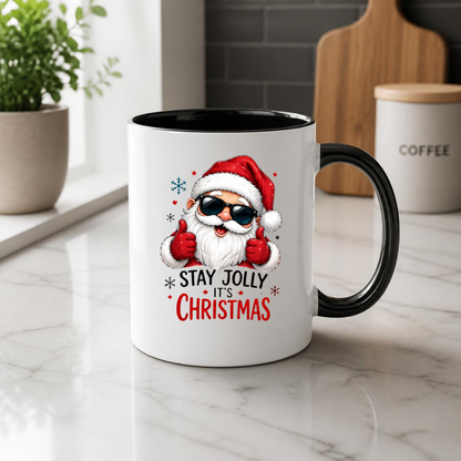 Cool Mug "Stay Jolly It's Christmas" Santa Ceramic Coffee Mug – Funny Holiday Tea Cup with Sunglasses & Thumbs Up Gift 350ml | Available in Multicolours | Fast Dispatch by UK Seller (M1235)