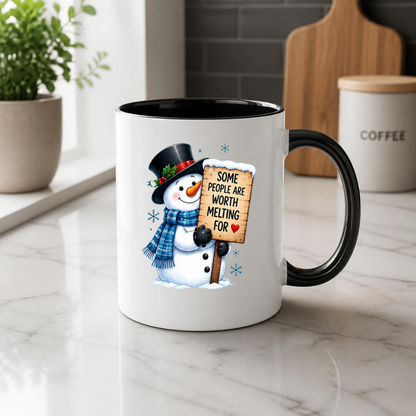 Heartwarming Mug "Some People Are Worth Melting For" Snowman Ceramic Coffee Mug – Cute Winter Holiday Tea Cup with Blue Scarf & Wooden Sign Quote Gift | Available in Multicolours | Fast Dispatch by UK Seller (M1233)