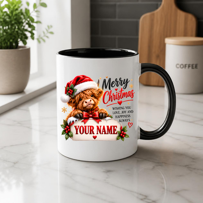 Personalised Christmas Mug "Merry Christmas" 325ml Ceramic Coffee Tea Cup – Santa Hat Highland Cow, Holly Berries, Custom Name & Festive Wish Slogan Novelty Gift for Bestie, Women, Holiday – Fast Dispatch by UK Seller (M3515)