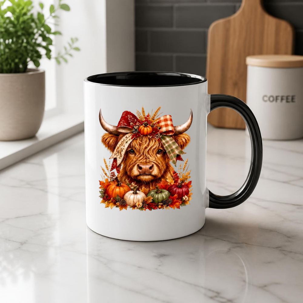 Autumn Harvest Highland Cow Coffee Mug - Fall Pumpkin & Plaid Bow Farmhouse Animal Ceramic Tea Cup for Thanksgiving & Rustic Kitchen Decor (M1207)