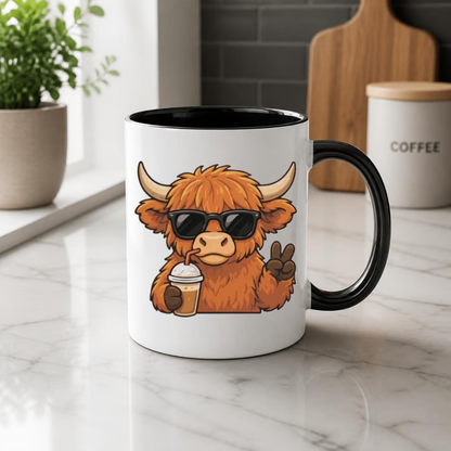 Cool Highland Cow Drinking Iced Coffee Mug - Cute Animated Farm Animal Ceramic Tea Cup with Sunglasses & Peace Sign (M1203)