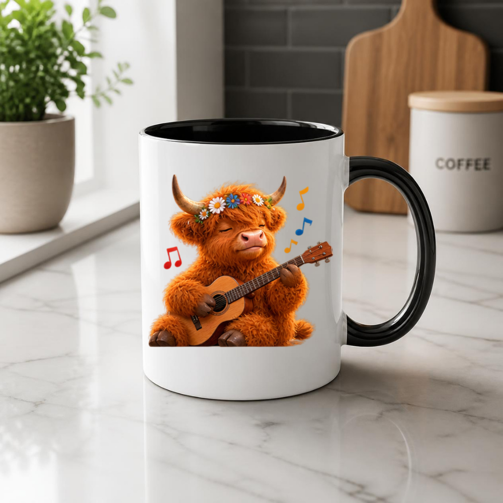 Highland Cow Playing Guitar Ceramic Coffee Mug - Cute Fluffy Farm Animal Flower Crown Tea Cup for Musicians & Music Lovers (M1219)