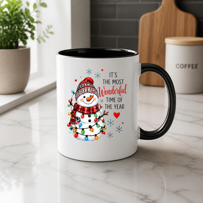 Festive Mug "Most Wonderful Time" Snowman Ceramic Coffee Mug – Cute Winter Holiday Tea Cup with Fairy Lights & Scarf Gift 350ml | Available in Multicolours | Fast Dispatch by UK Seller (M1234)