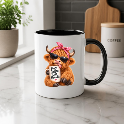 Sassy Mug Highland Cow "More Coffee Less Moo-dle" Ceramic Coffee Mug - Funny Farm Animal with Pink Headband & Sunglasses Tea Cup Gift 350ml | Available in Multicolours | Fast Dispatch by UK Seller (M1222)