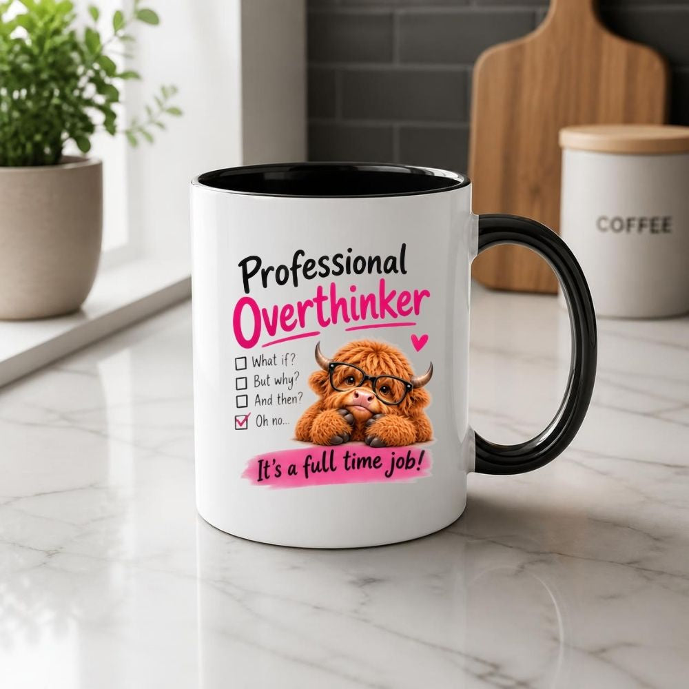 Humorous Mug "Professional Overthinker" Highland Cow 325ml Ceramic Coffee Mug Funny Relatable Tea Cup with Glasses & Checklist Gift | Available in Multicolours | Fast Dispatch by UK Seller (M1289)