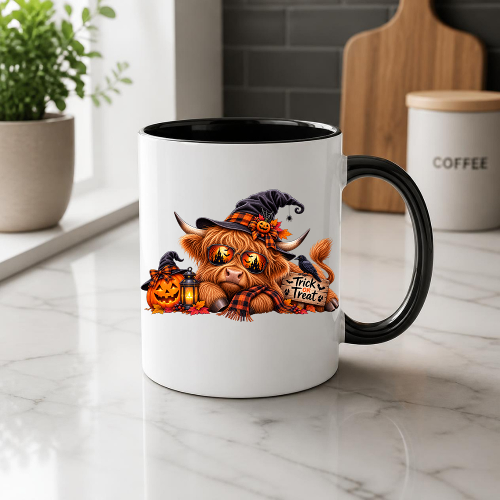 Cool Spooky Halloween Highland Cow Coffee Mug - "Trick or Treat" Jack-o'-Lantern & Witch Hat Ceramic Tea Cup for Fall Season Decor (M1213)