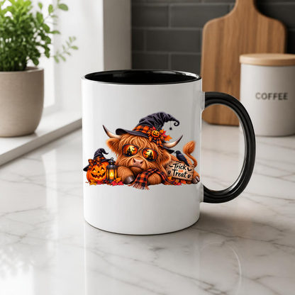 Cool Spooky Halloween Highland Cow Coffee Mug - "Trick or Treat" Jack-o'-Lantern & Witch Hat Ceramic Tea Cup for Fall Season Decor (M1213)