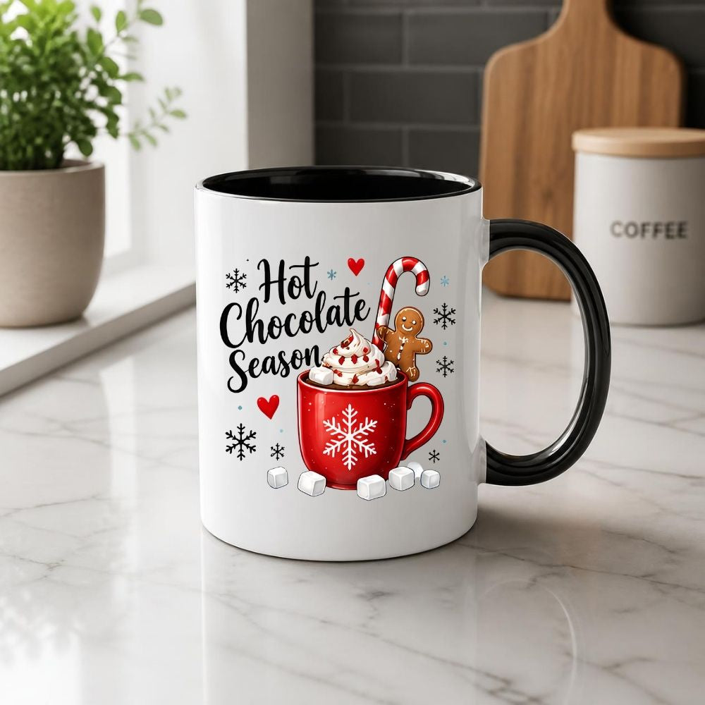 Cozy Mug "Hot Chocolate Season" Red Snowflake 325ml Ceramic Coffee Mug – Winter Holiday Tea Cup with Marshmallows, Gingerbread Man & Candy Cane | Available in Multicolours | Fast Dispatch by UK Seller (M1270)