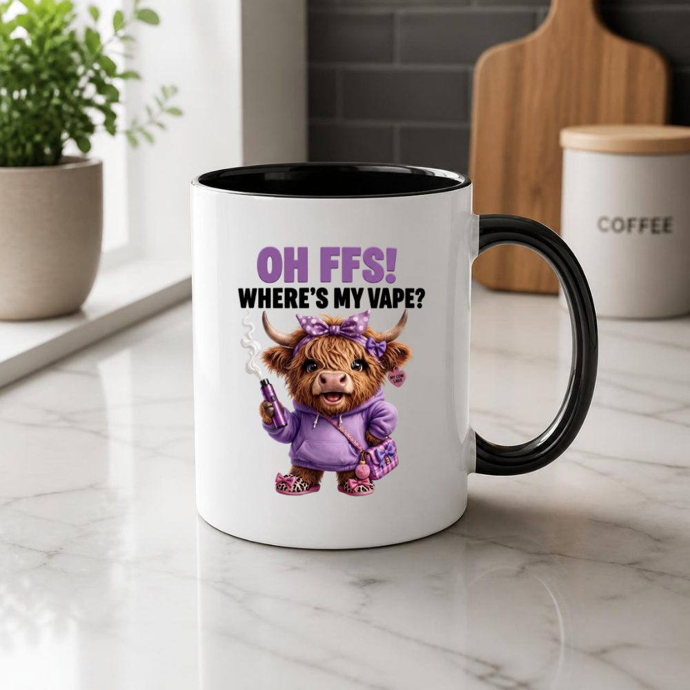 Funny Highland Cow "Where's My Vape" Coffee Mug - Sarcastic Meme Animal Ceramic Tea Cup for Vapers & Novelty Gift (M1205)