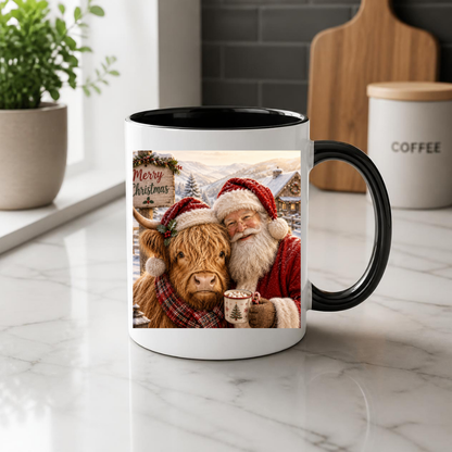 Festive Santa and Highland Cow Christmas Coffee Mug - Cozy Winter Holiday Ceramic Tea Cup with Plaid Scarf & Snow Scene Gift (M1214)