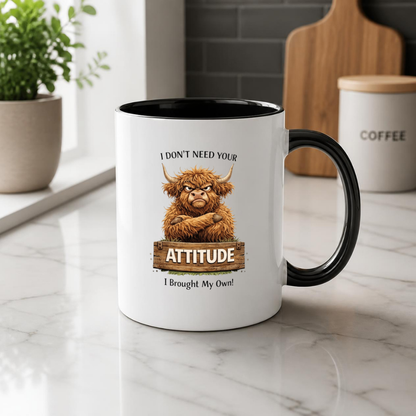Funny Grumpy Highland Cow "I Don't Need Your Attitude" Coffee Mug - Sarcastic Farm Animal Ceramic Tea Cup with Crossed Arms & Wooden Sign Quote Gift (M1208)