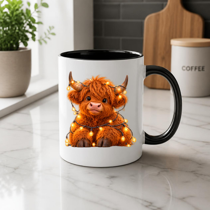 Fairy Lights Highland Cow Ceramic Coffee Mug - Glowing Warm Light Farm Animal Tea Cup for Cozy Winter Nights & Holiday Decor (M1221)
