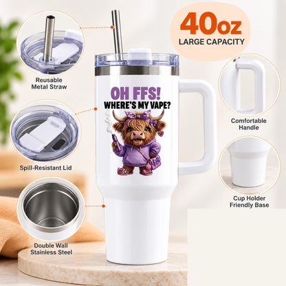Funny Highland Cow 40oz Tumbler “OH FFS! Where’s My V?” – Boy & Girl Designs | Large White Reusable Travel Cup with Handle & Straw | Cheeky & Sarcastic Gift for Him, Her, Friends & Couples | Fast Dispatch by UK Seller (T1001)