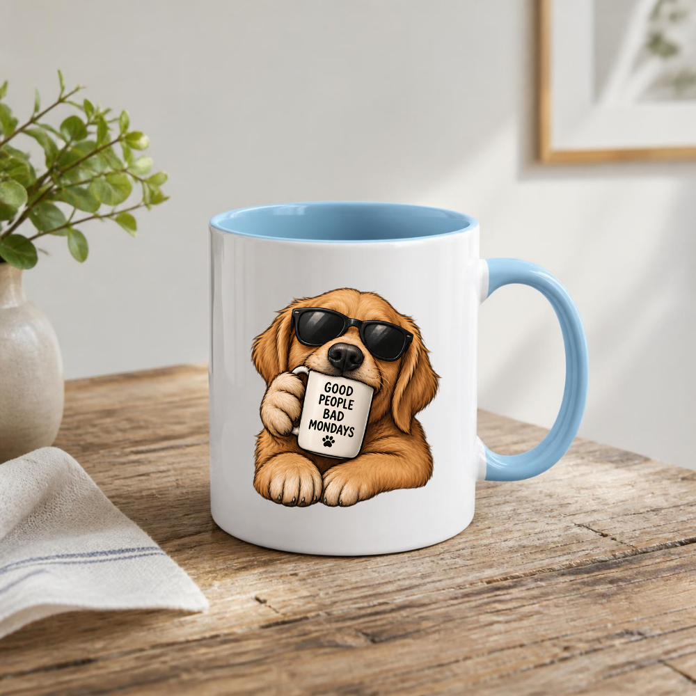 Funny Dog Mug "GOOD PEOPLE BAD MONDAYS" Cool Golden Retriever 325ml Ceramic Coffee Mug Sarcastic Puppy Tea Cup with Sunglasses & Mini Mug Graphic Gift | Available in Multicolours | Fast Dispatch by UK Seller (M3004)