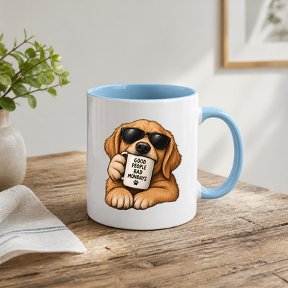 Funny Dog Mug "GOOD PEOPLE BAD MONDAYS" Cool Golden Retriever 325ml Ceramic Coffee Mug Sarcastic Puppy Tea Cup with Sunglasses & Mini Mug Graphic Gift | Available in Multicolours | Fast Dispatch by UK Seller (M3004)