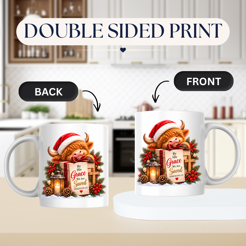 Christmas Mug "By His Grace We Are Saved Highland Cow" By His Grace We Are Saved Ephesians 2:8 325ml Ceramic Mug – Festive Highland Cow Mug With Gift Box Cross Lantern Christian Holiday Gift | Available in Multicolours | Fast Dispatch by UK Seller (M3309)