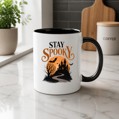 Halloween Mug "STAY SPOOKY" Haunted Castle 325ml Ceramic Coffee Mug Atmospheric Autumn Tea Cup with Full Moon, Winding Path & Bats Graphic Gift | Available in Multicolours | Fast Dispatch by UK Seller (M3080)