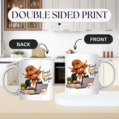 Highland Cow Mug "Focused Brighter Further Highland Cow" 325ml Ceramic Coffee Mug – Smart Highland Cow in Blazer Glasses At Laptop Desk With Plan Achieve Books Office Gift | Available in Multicolours | Fast Dispatch by UK Seller (M3281)