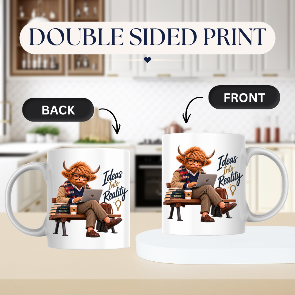 Academic Mug "Ideas Into Reality Scholarly Highland Cow" Ideas Into Reality 325ml Ceramic Coffee Mug – Scholarly Highland Cow on Bench with Laptop Strategy Books Coffee Entrepreneur Gift | Available in Multicolours | Fast Dispatch by UK Seller (M3287)