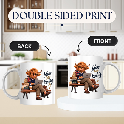 Academic Mug "Ideas Into Reality Scholarly Highland Cow" Ideas Into Reality 325ml Ceramic Coffee Mug – Scholarly Highland Cow on Bench with Laptop Strategy Books Coffee Entrepreneur Gift | Available in Multicolours | Fast Dispatch by UK Seller (M3287)