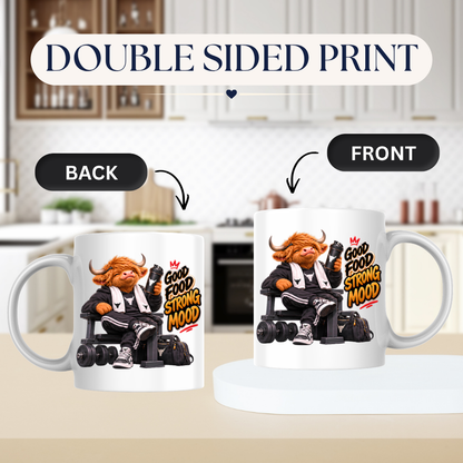 Gym Mug "Good Food Strong Mood Highland Cow" Good Food Strong Mood 325ml Ceramic Coffee Mug – Muscular Highland Cow on Bench with Shaker & Barbells Gym Fitness Gift | Available in Multicolours | Fast Dispatch by UK Seller (M3275)