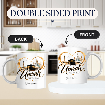 Personalised Umrah Mubarak Mug 325ml Ceramic Coffee Tea Cup – Custom Name, Holy Kaaba, Golden Heart Frame & Makkah Skyline Religious Pilgrimage Gift for Family, Friends, Hajj Celebration – Fast Dispatch by UK Seller (M3488)