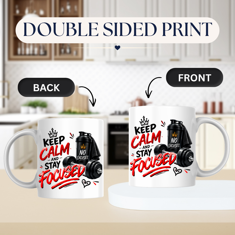 Fitness Mug "Keep Calm And Stay Focused" 325ml Ceramic Coffee Tea Cup – Gym, Dumbbells, Shaker Bottle & Slogan Novelty Gift for Fitness Lovers, Workout Fans, Birthday – Fast Dispatch by UK Seller (M3507)