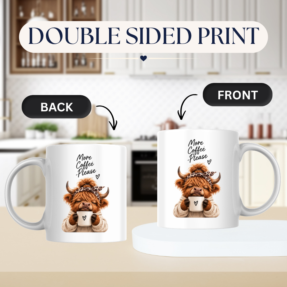 Cozy Highland Cow Mug "More Coffee Please" Graphic 325ml Ceramic Coffee Cup Highland Cow in Neutral Hoodie & Leopard Bandana Novelty Tea Cup | Cute Morning Gift for Her & Coffee Lovers | Available in Multicolours | Fast Dispatch by UK Seller (M3138)