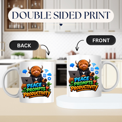 Tech Mug "Peace Prompts Productivity Highland Cow" 325ml Ceramic Coffee Mug – Cute Highland Cow in Hoodie with Laptop Headphones AI Tech Icons Gift For Developers Prompt Engineers | Available in Multicolours | Fast Dispatch by UK Seller (M3232)