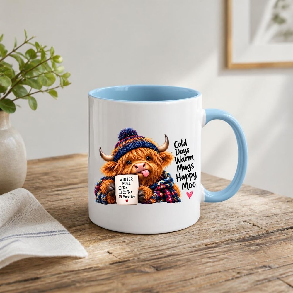 Cozy Mug "Cold Days Warm Mugs Happy Moo" Highland Cow 325ml Ceramic Coffee Mug – Winter Fuel Tea Cup with Knitted Beanie, Scarf & Hearts Gift | Available in Multicolours | Fast Dispatch by UK Seller (M1280)