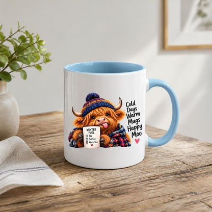 Cozy Mug "Cold Days Warm Mugs Happy Moo" Highland Cow 325ml Ceramic Coffee Mug – Winter Fuel Tea Cup with Knitted Beanie, Scarf & Hearts Gift | Available in Multicolours | Fast Dispatch by UK Seller (M1280)