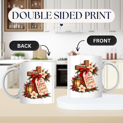 Christmas Mug "By His Grace We Are Saved Ephesians 2:8" By His Grace We Are Saved 325ml Ceramic Coffee Mug – Festive Christian Typography Mug With Wooden Cross Bow Lantern Holiday Gift | Available in Multicolours | Fast Dispatch by UK Seller (M3321)