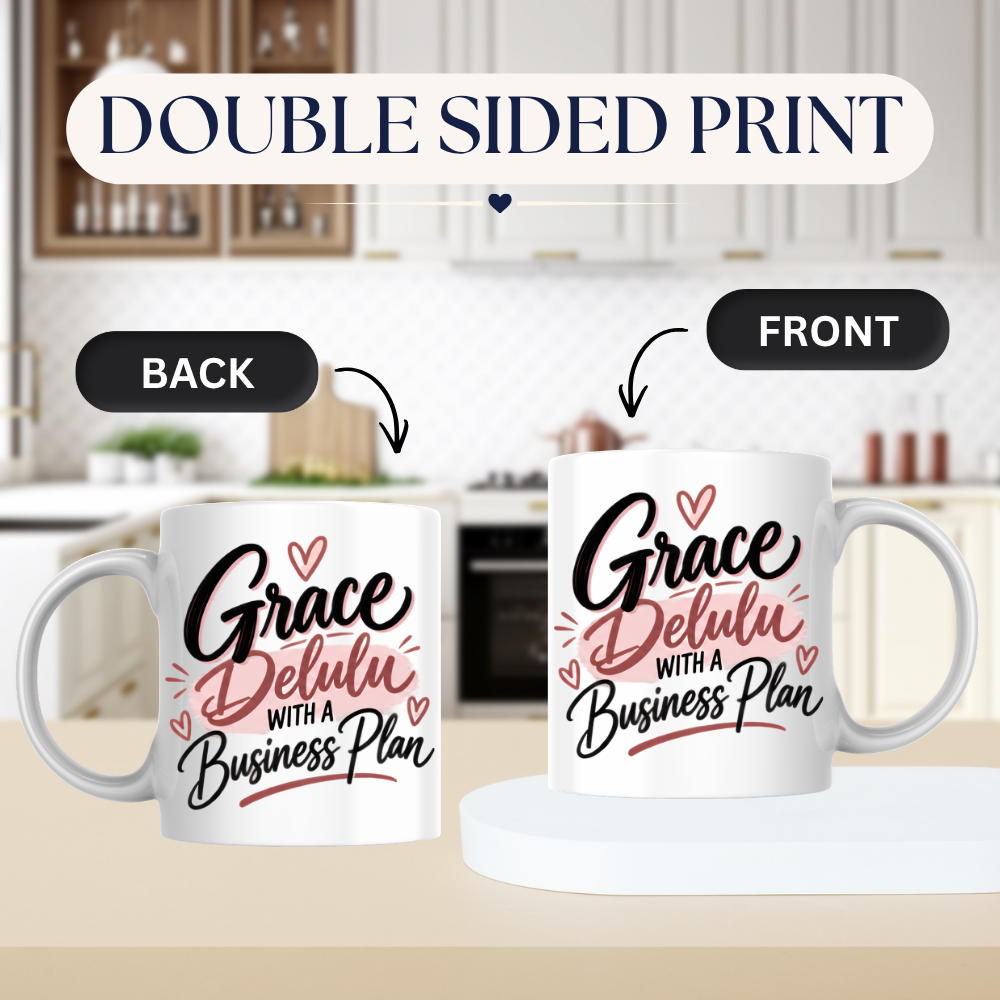 Personalized Name Mug "Grace Delulu With A Business Plan" Grace Delulu With A Business Plan 325ml Ceramic Coffee Mug – Custom Name Typography Slogan with Pink Brushstroke & Hearts | Funny Gift | Fast Dispatch by UK Seller (M3410)