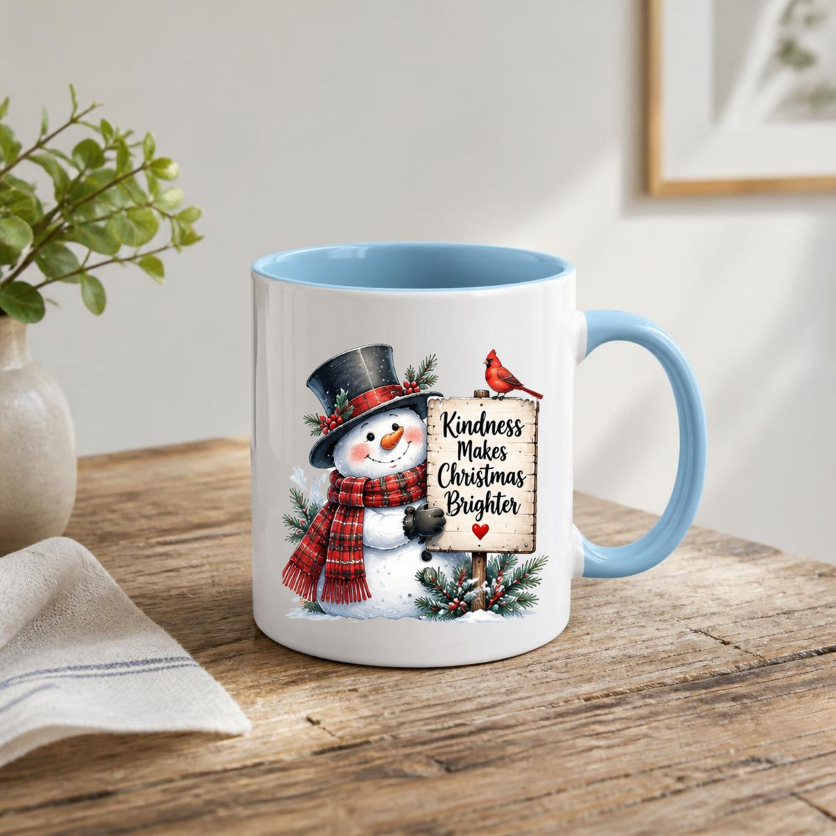 Heartwarming Mug "Kindness Makes Christmas Brighter" Snowman 325ml Ceramic Coffee Mug – Cute Winter Holiday Tea Cup with Top Hat, Cardinal Wooden Sign Gift | Available in Multicolours | Fast Dispatch by UK Seller (M1249)