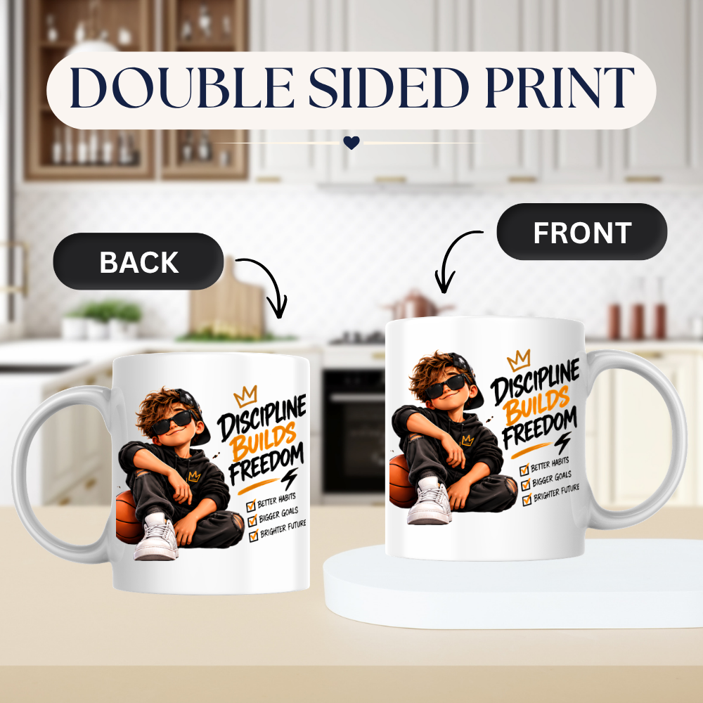 Motivational Mug "Discipline Builds Freedom" 325ml Ceramic Coffee Tea Cup – Cool Boy Graphic, Basketball, Habits & Goals Slogan Novelty Gift for Teens, Men, Birthday – Fast Dispatch by UK Seller (M3501)