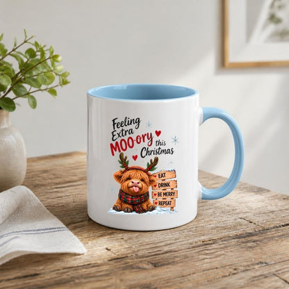 Festive Mug "Feeling Extra Moo-rry This Christmas" Highland Cow 325ml Ceramic Coffee Mug Cute Holiday Tea Cup with Reindeer Antlers, Plaid Scarf & Wooden Sign Gift | Available in Multicolours | Fast Dispatch by UK Seller (M1293)