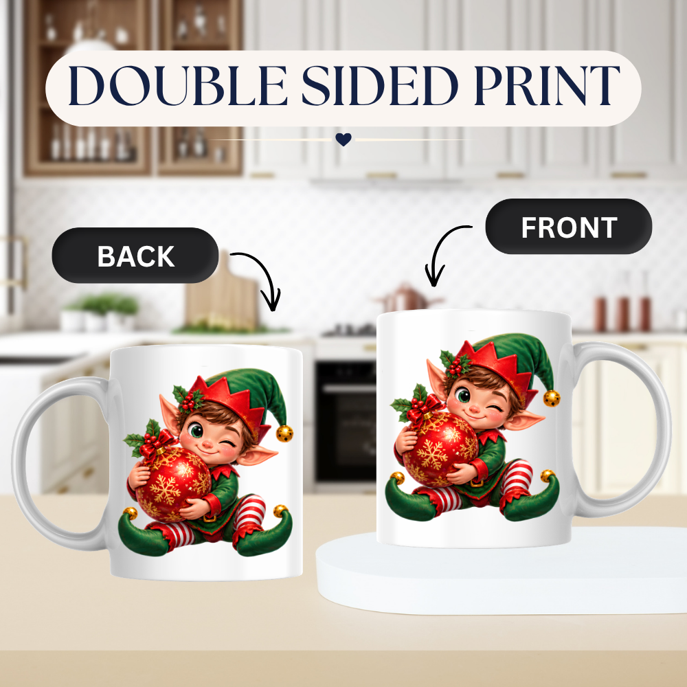 Christmas Mug "Winking Christmas Boy Elf Red Bauble" Winking Christmas Boy Elf 325ml Ceramic Coffee Mug – Cute Festive Tea Cup with Elf Outfit Jingle Bells Snowflake Bauble Graphic Gift | Available in Multicolours | Fast Dispatch by UK Seller (M3186)