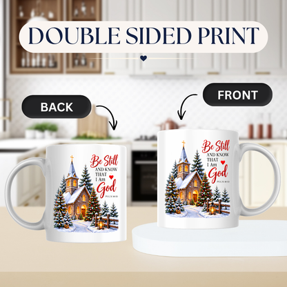 Religious Christmas Mug "Be Still And Know That I Am God" Church Be Still And Know That I Am God 325ml Ceramic Coffee Mug – Church Scripture Mug with Psalm 46:10, Decorated Trees & Lantern | Religious Holiday Gift | Fast Dispatch by UK Seller (M3355)