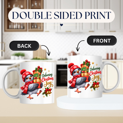Christmas Mug "Delivering Christmas Joy Cute Bird" 325ml Ceramic Coffee Mug – Adorable Christmas Bird in Red Snowflake Beanie Scarf Carrying Stack Of Festive Gift Boxes Holiday Gift | Available in Multicolours | Fast Dispatch by UK Seller (M3269)