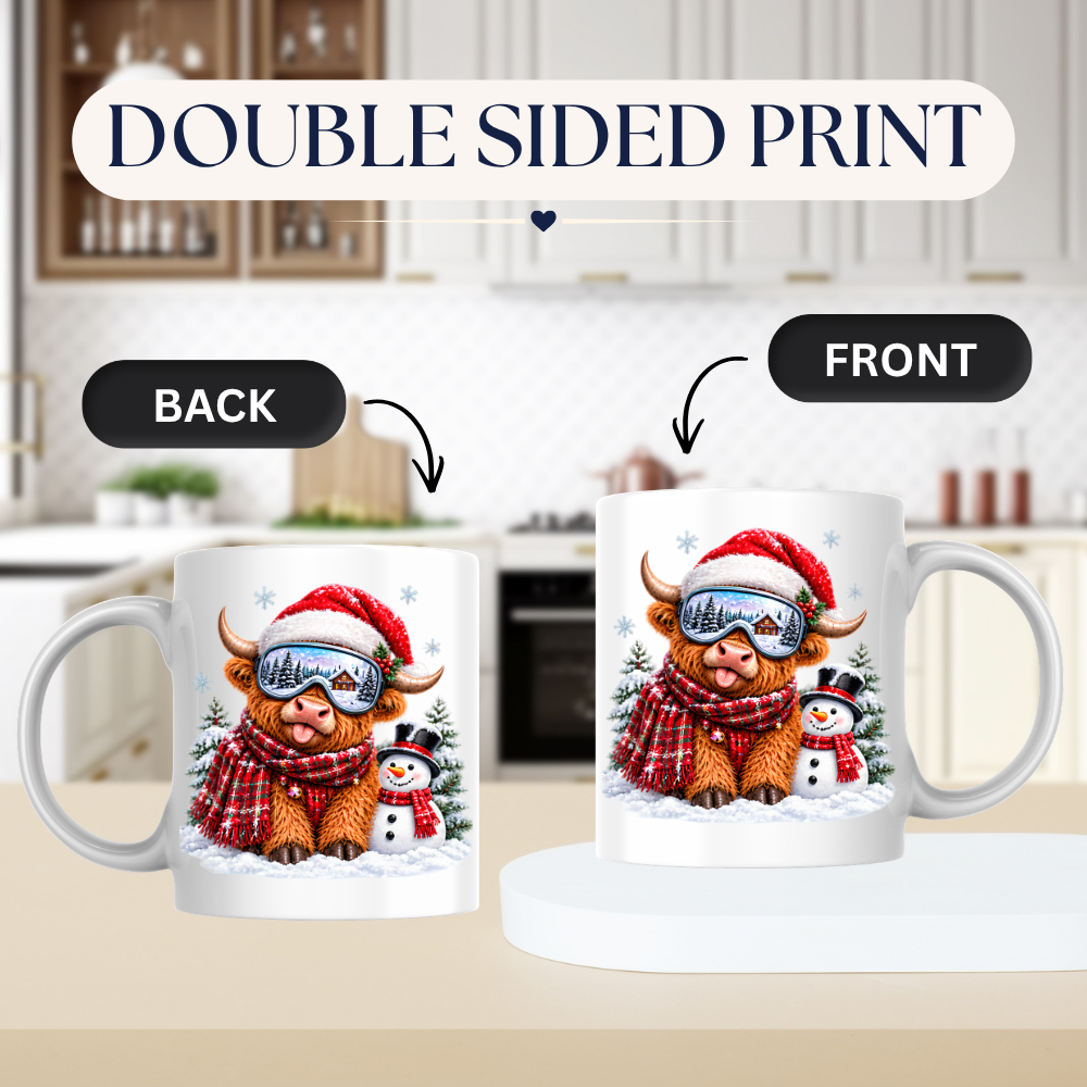 Christmas Mug "Winter Snowman Ski Goggles Highland Cow" Winter Snowman Highland Cow 325ml Ceramic Coffee Mug – Cute Christmas Ski Goggles Tea Cup With Santa Hat Snowman Graphic Gift | Available in Multicolours | Fast Dispatch by UK Seller (M3174)