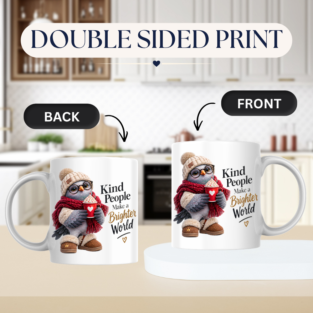 Inspirational Mug "Kind People Make a Brighter World Cozy Bird" 325ml Ceramic Coffee Mug – Cute Cozy Bird In Beanie Glasses Scarf Boots Hot Cocoa Gift For Friends Family | Available in Multicolours | Fast Dispatch by UK Seller (M3238)