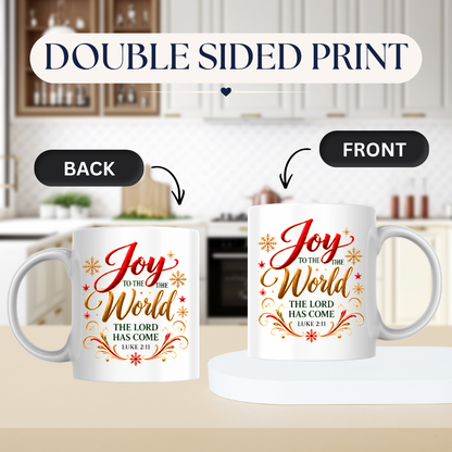 Christmas Mug "Joy To The World Luke 2:11" Joy To The World 325ml Ceramic Coffee Mug – Christian Christmas Bible Verse Mug with Gold Snowflakes Calligraphy Religious Holiday Gift | Available in Multicolours | Fast Dispatch by UK Seller (M3295)