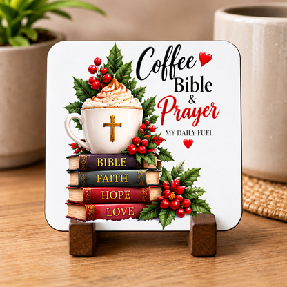 Inspirational Religious Hardboard Coaster "Coffee Bible & Prayer My Daily Fuel" Graphic 9cm x 9cm Square Drinks Coaster “Stack of Holy Book