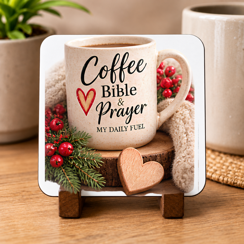 Inspirational Religious Hardboard Coaster "Coffee Bible & Prayer My Daily Fuel" Graphic 9cm x 9cm Square Drinks Coaster “Speckled Ceramic Mug, Wooden Heart & Cozy Knit Scarf Novelty Mat | Christian Glossy Gift | Fast Dispatch by UK Seller (C3052)