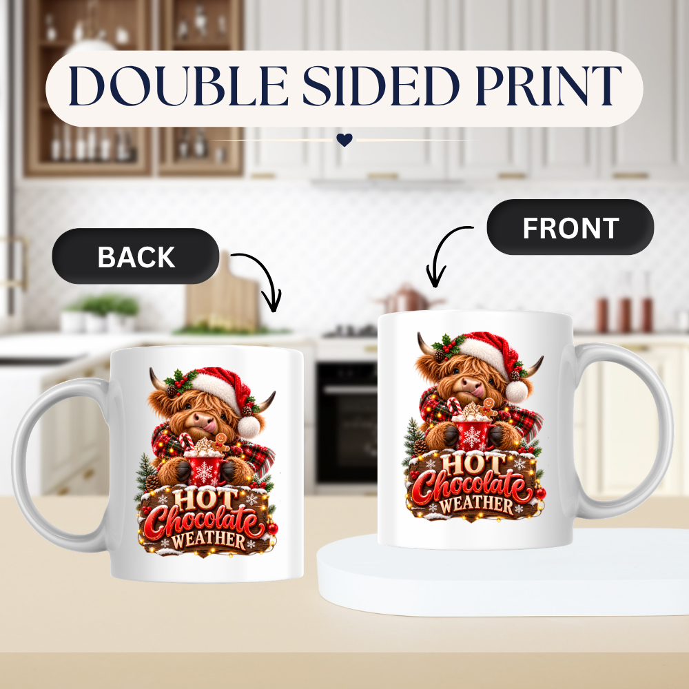 Christmas Mug "Hot Chocolate Weather" Hot Chocolate Weather 325ml Ceramic Coffee Mug – Cute Highland Cow Santa Mug with Gingerbread & Marshmallows | Festive Holiday Christmas Gift | Fast Dispatch by UK Seller (M3335)