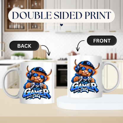 Gaming Mug "Gamer" Highland Cow Gamer 325ml Ceramic Coffee Mug – Cute Highland Cow Gamer in Blue Hoodie & Headset with Controller Art | Video Game Gift | Fast Dispatch by UK Seller (M3347)