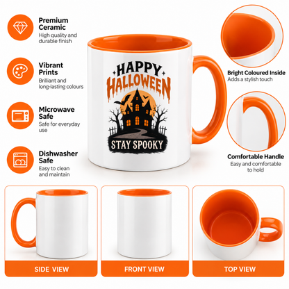 Halloween Mug "Happy Halloween Stay Spooky Haunted House" Happy Halloween Stay Spooky Haunted House 325ml Ceramic Coffee Mug– Funny Halloween Autumn Tea Cup With Haunted Castle Full Moon Bats Typography Graphic Gift | Fast Dispatch by UK Seller (M3209)
