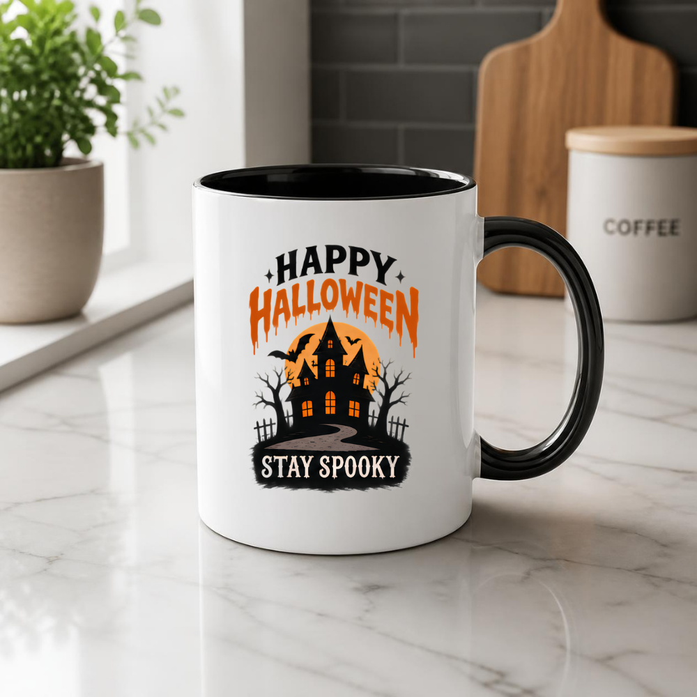 Halloween Mug "HAPPY HALLOWEEN Stay Spooky" Haunted House 325ml Ceramic Coffee Mug – Atmospheric Autumn Tea Cup with Full Moon & Bats Graphic Gift | Available in Multicolours | Fast Dispatch by UK Seller (M3072)