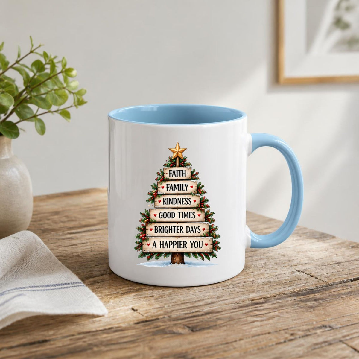 Inspirational "Faith Family Kindness Good Times Brighter Days A Happier You" Wooden Sign Christmas Tree 325 ml Ceramic Coffee Mug Festive Winter Holiday Tea Cup with Golden Star & Rustic Plank Design Gift (M1263)